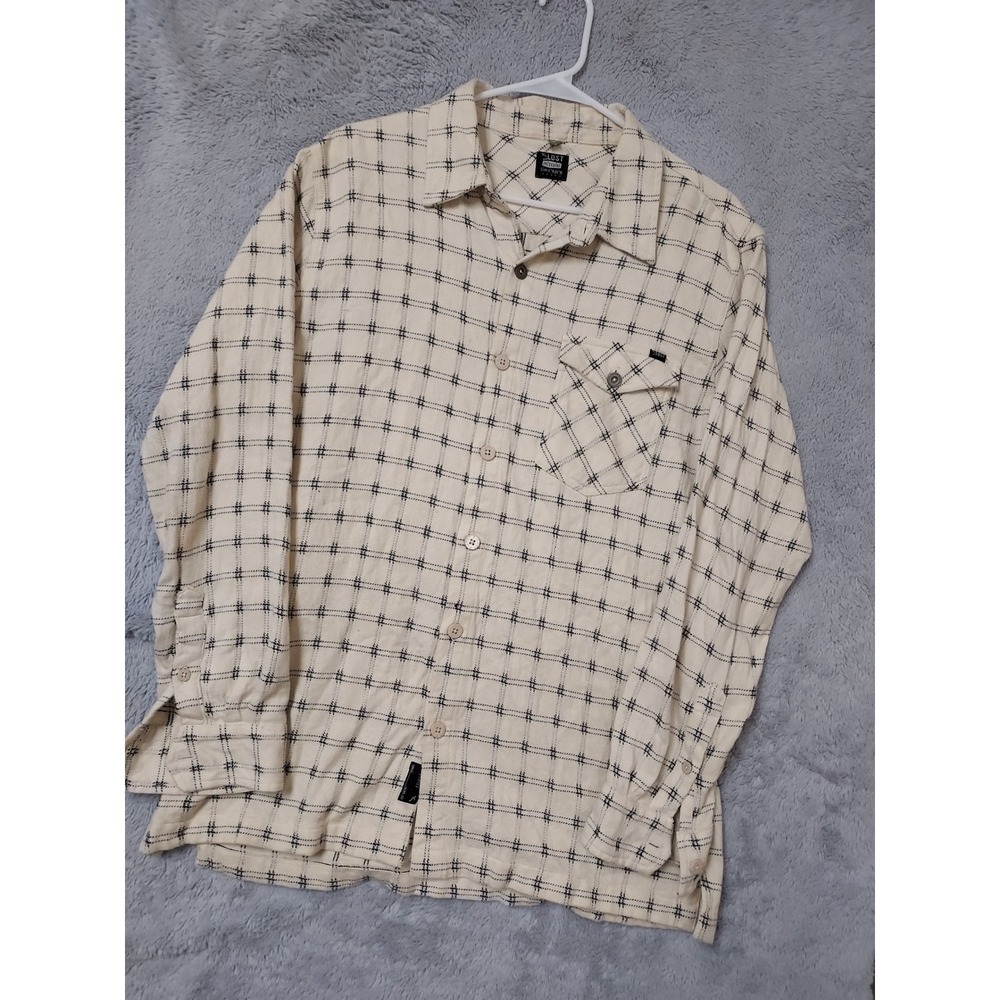 Lost Shirt Mens Large Flannel Plaid Long Sleeve Button Up Cream Black Surfer  L